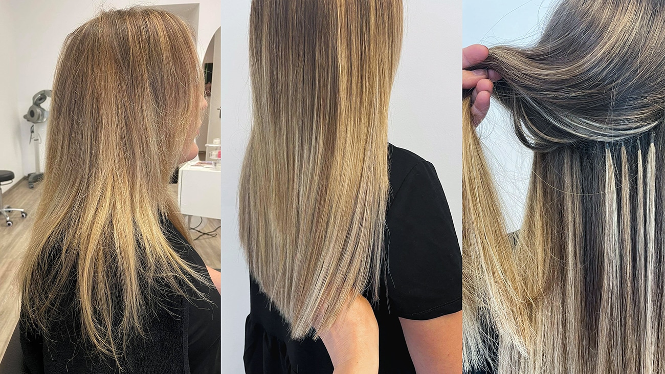 Eine Frau mit blonden Great Lengths Extensions im Balayage-Look, von hinten betrachtet. Vorher-Nachher Haarverlängerung und -verdichtung bei Carola Staudinger, Friseur in Wien. Das Ergebnis ist volleres Haar und mehr Volumen.