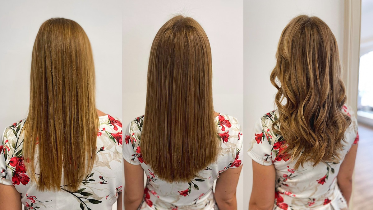 Links: Lange Braune Haare Balayage vor der Haarverdichtung. Rechts: Nach der Haarverdichtung (Haarverdichtung Vorher Nachher Vergleich)