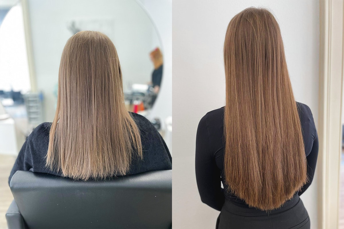 Vergleich Haarverlängerung Vorher Nachher bei braunen Haaren mit Great Lengths bei Carola Claudia Staudinger - Friseur Experte für Haarverlängerung in 1010 Wien