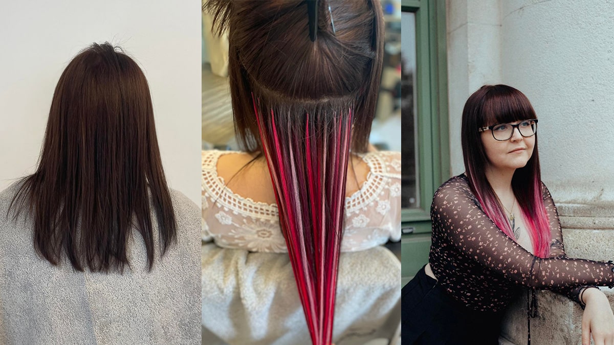 Links: Dunkle Haare vor der Haarverlängerung. Mitte: Anbringung der pinken Extensions. Rechts: Nach der Haarverlängerung mit pinken Great Lengths Extensions