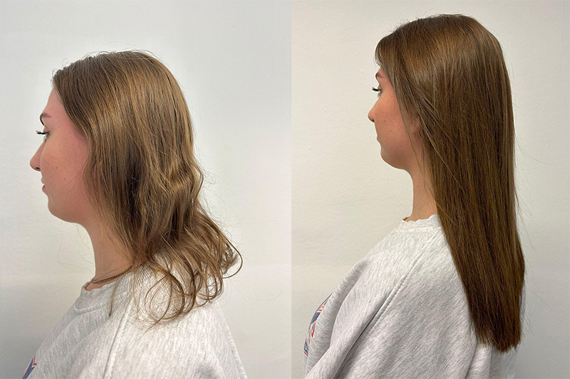 Haarverlängerung Wien - Vorher-Nachher Foto, extreme Haartransformation von kurzen fransigen brünetten Haaren zu langen, dichten braunen Haaren. Extensions in Wien bei Carola Staudinger. 